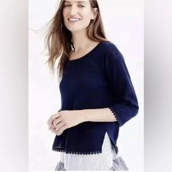 J. Crew 100% Linen Blue Pom Pom Trim 3/4 Sleeve Sweater Size M - Picture 1 of 10